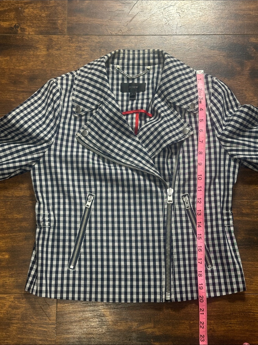 🚨 J.Crew Navy Gingham Cropped Moto Jacket Sz 6 EUC ✨ - Picture 4 of 8